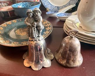 Silver plate Christmas bells and enamel tray