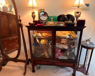 Cheval mirror and display cabinet with designer shoes