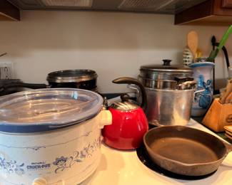 Vintage Rival Crock-Pot, kettle and cast iron skillet