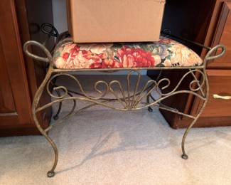 Vintage wrought iron vanity bench, floral seat