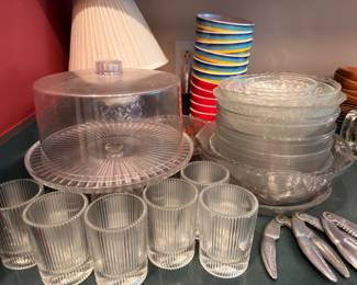 Glass cake stand, tumblers and dinnerware
