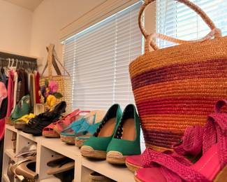 Colorful espadrille wedges and straw tote