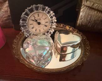 Crystal vanity clock, heart paperweight and silver box