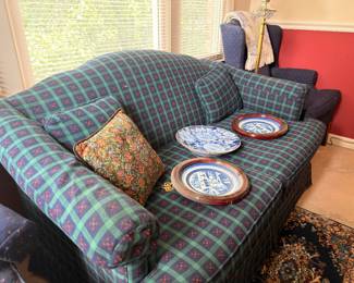 Green plaid upholstered loveseat sofa
