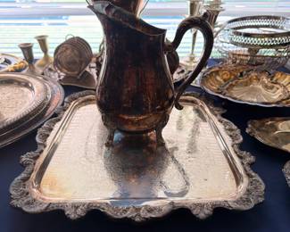 Silver plate water pitcher and footed tray