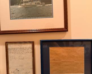 Framed yacht photo and documents wall grouping