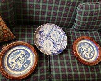 Blue and white collector plates, framed wall plates