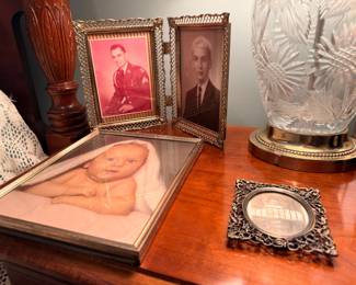 Cut crystal lamp and vintage framed portraits
