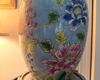 Blue famille rose peony ginger jar on stand
