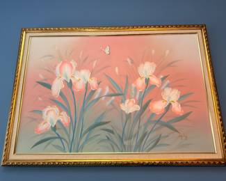 Framed pink iris floral oil painting, gilt frame