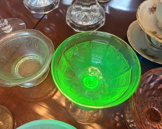 Uranium depression glass compote and bowls