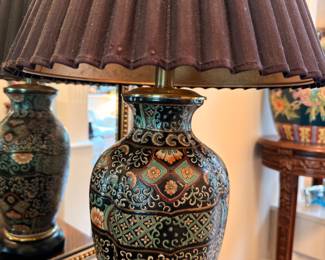 Cloisonne style urn table lamp with pleated shade