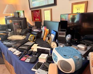 Electronics lot, flat screen TV, boombox and phones