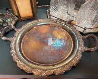 Ornate silver plate handled serving tray