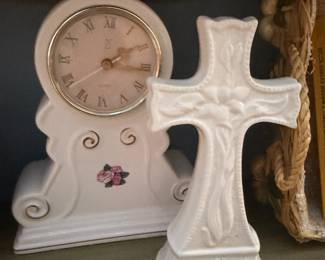 Porcelain mantel clock and ceramic cross