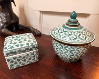 Green and white porcelain lidded jar and trinket box