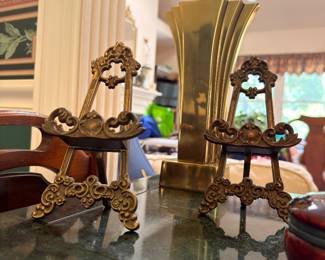 Brass easel display stands and Art Deco vase