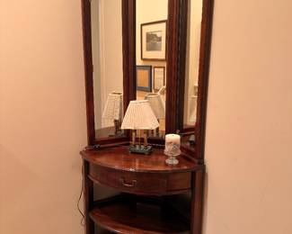 Bamboo demilune vanity table with trifold mirror