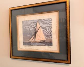 Framed sailboat etching, Eastern Sails, gilt frame