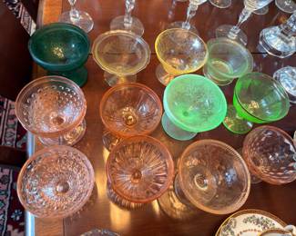 Pink and green depression glass sherbet stems