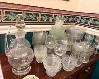 Glass decanter and swirl pattern dessert cups