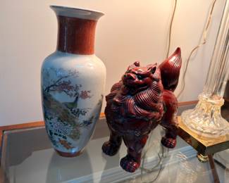 Asian bird vase and carved foo dog figure
