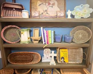 Woven baskets, folk art and hutch decor