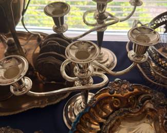 Silver plate candelabra and shell serving dishes