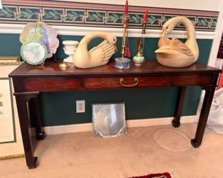 Mahogany console sofa table with carved swans