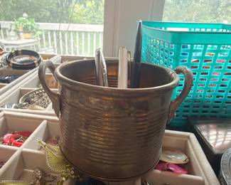 Silver plate handled pot and jewelry trays
