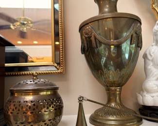 Brass mantel urn, censer and candle snuffer