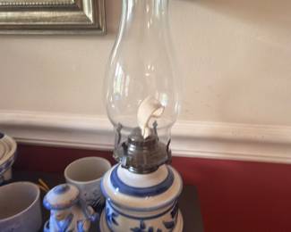Vintage blue and white ceramic oil lamp with chimney