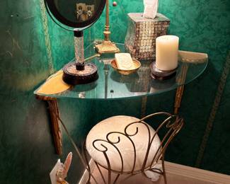 Wrought iron vanity table with glass top and chair