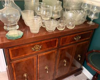 Inlaid mahogany server cabinet and glassware