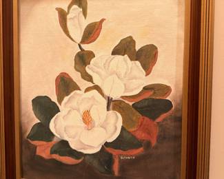 Framed magnolia oil painting, gilt frame
