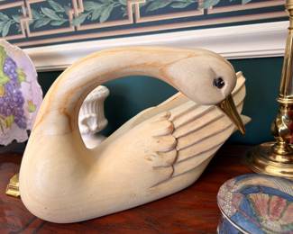 Large carved wood preening swan sculpture