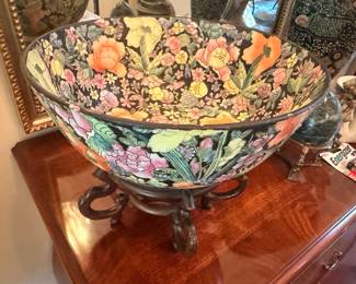 Large Chinese famille noire punch bowl on stand