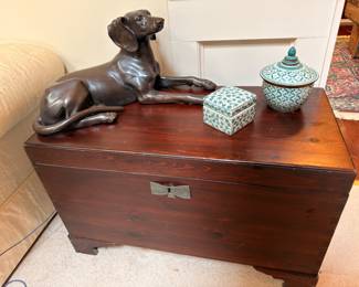 Antique pine blanket chest trunk and bronze dog statue