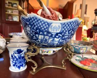 Chinese blue and white bowl on brass dragon stand