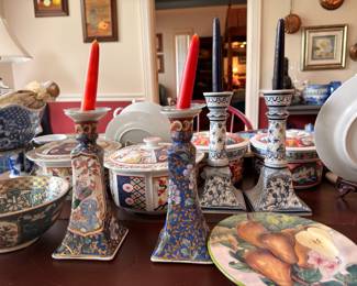 Imari style candlesticks and covered dishes