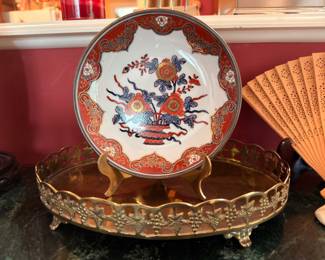 Imari plate, brass gallery tray and folding fan