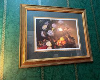 Framed still life floral and fruit print, gilt frame