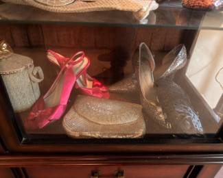 Evening bags, pink satin sandals and beaded purses