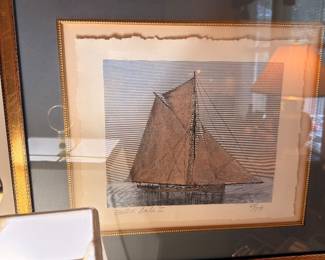 Framed sailboat etching print, gold frame