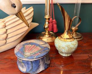 Brass ewer, porcelain trinket box and candlestick