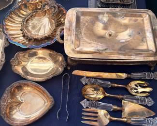 Silver plate serving dishes and crystal handle servers