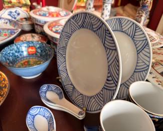Japanese blue and white platters, bowls and rice spoons