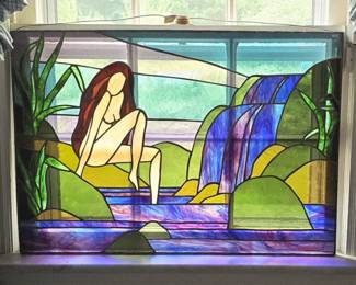 Vintage Stained Glass Panel 26"x18" By Vermont Stained Glass Artist