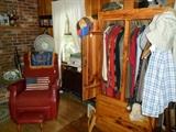 Vintage Red Leather Recliner with stool...Vintage Clothing...Jean Jackets...Hats...WW11 Pillows...