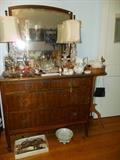 Antique Hardware...Antique Oak Dresser with Mirror...Pair of Porcelain Antique Victorian Lamps...Dresser Items...